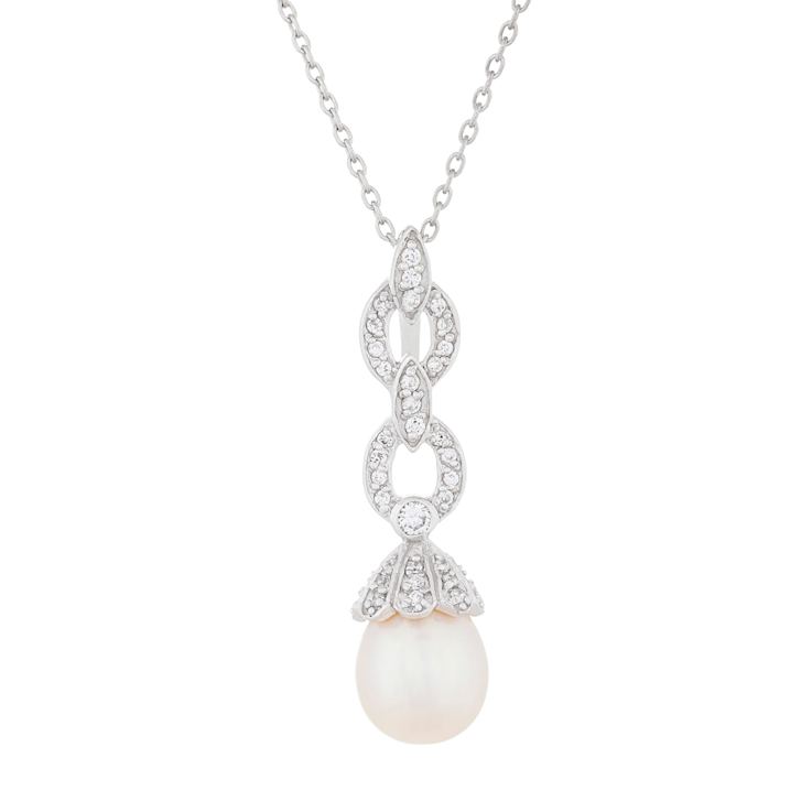 8.5-9mm Drop White Cultured Freshwater Pearl and CZ Rhodium Over
Sterling Silver Pendant