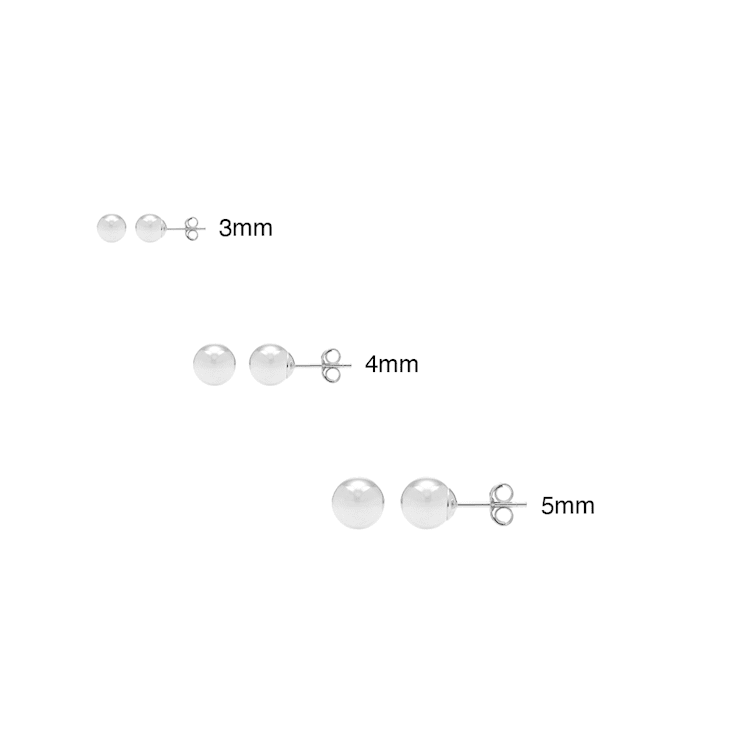 3-Pack 14k White Gold Ball Stud Earrings - 3mm, 4mm, and 5mm Sizes