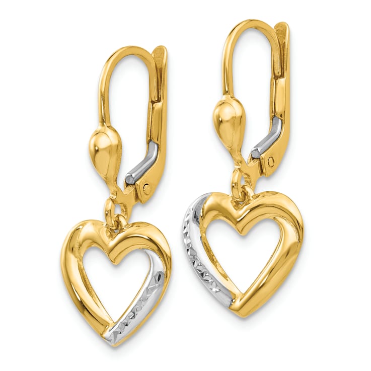 14k Yellow Gold and Rhodium Over 14k Yellow Gold Textured and Polished
Heart Dangle Earrings