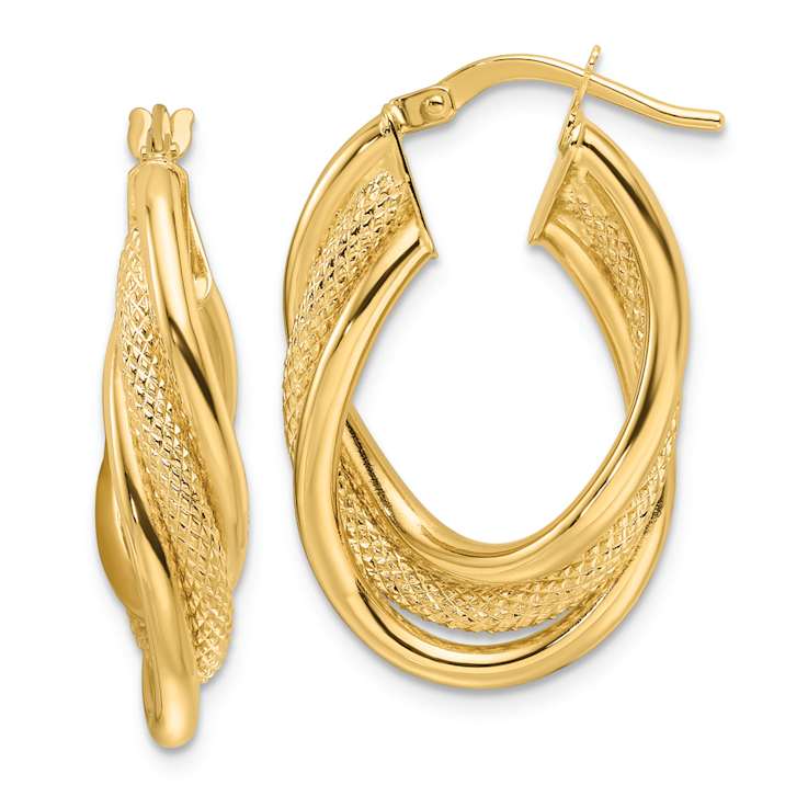 14k Yellow Gold Polished, Textured and Intertwined Twisted 1 1/16"
Oval Hoop Earrings