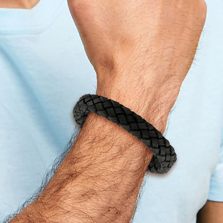 Black Leather and Stainless Steel Brushed 8.25-inch Bracelet