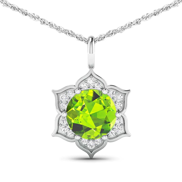 1.85ctw 14K White Gold Round Peridot and White Diamond Pendant with 18
inch Cable Chain