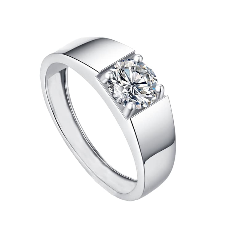 Square CZ Slim Adjustable Band Ring In White Rhodium Over Brass
