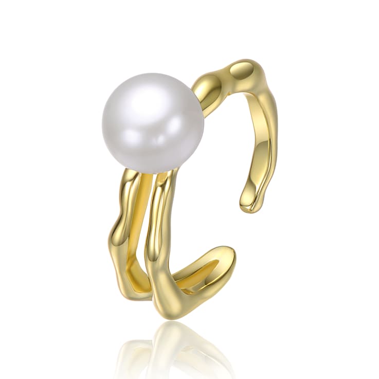 Pear Shape Pearl Simulant Curved Open-Style Ring In 14K Gold Over Brass