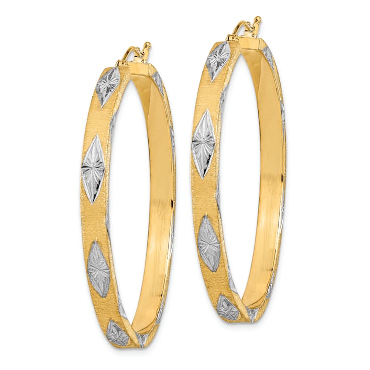 14K Two-tone Gold 1 13/16" Satin Diamond-Cut Fancy Hoop Earrings