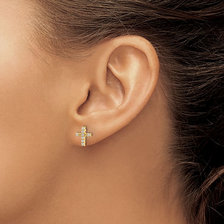 14k Yellow Gold Polished Diamond Cross Stud Earrings