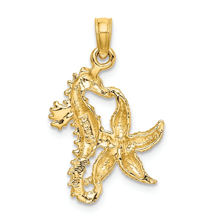 10K Yellow Gold Textured Starfish and Seahorse Charm