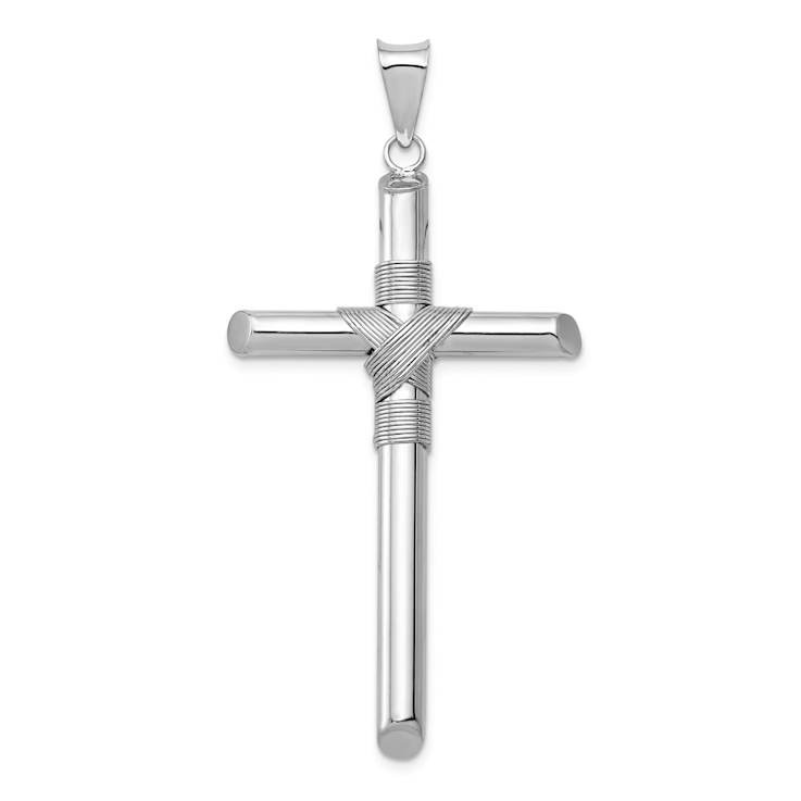 Rhodium Over 14k White Gold 3D Textured Center Wrap Tube Cross Pendant