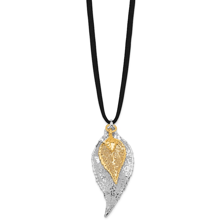 Sterling Silver and 24k Yellow Gold Dipped Double Evergreen Leaf Necklace