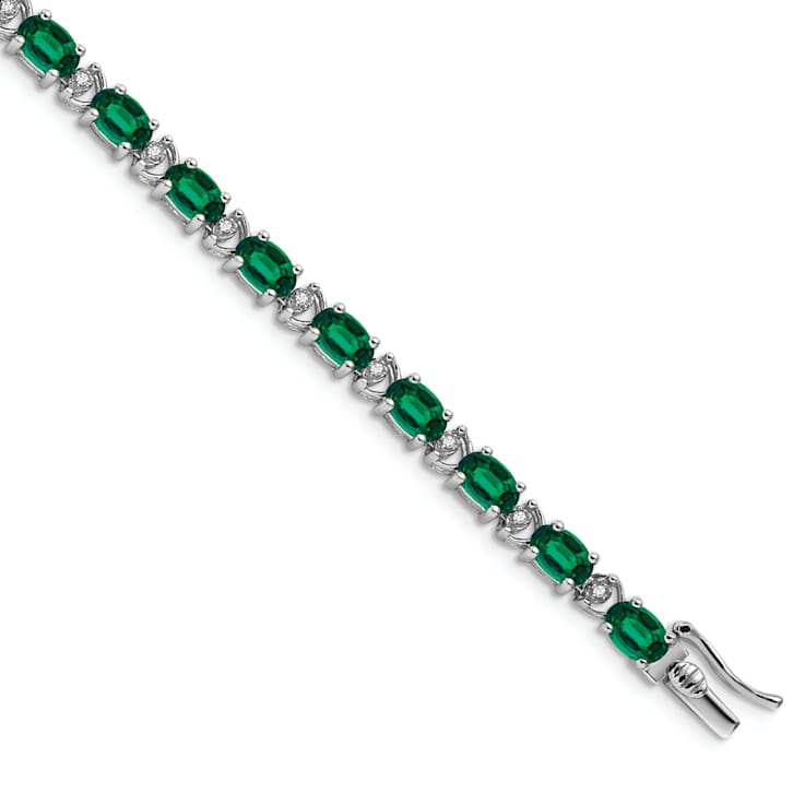 Rhodium Over 14k White Gold Oval Lab Created Emerald and Diamond Bracelet