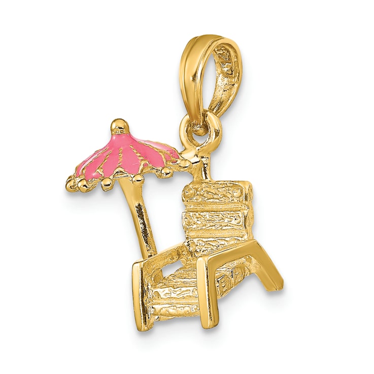 14k Yellow Gold 3D Pink Enamel Beach Chair and Umbrella Pendant