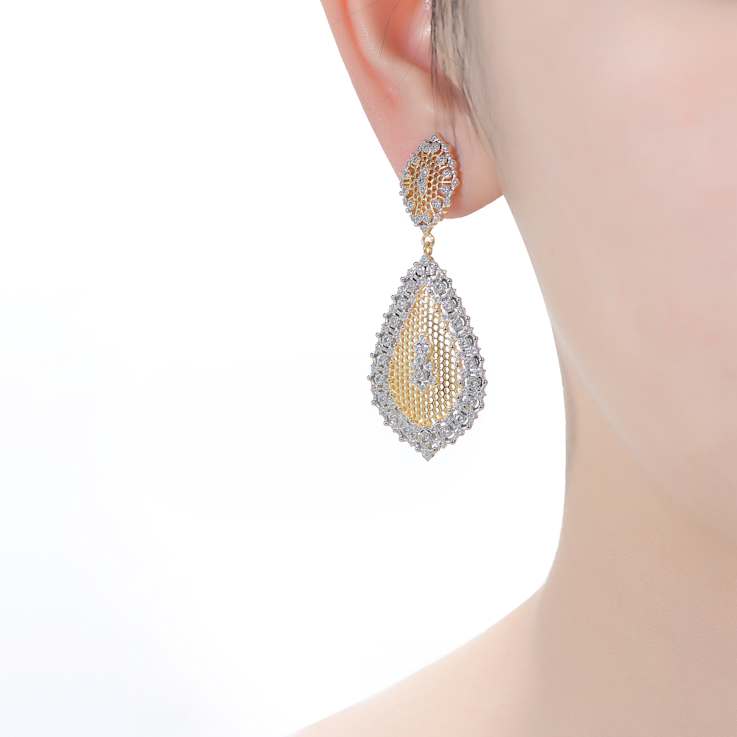 Two-Tone CZ Drop Earrings In 14K Gold Over Brass