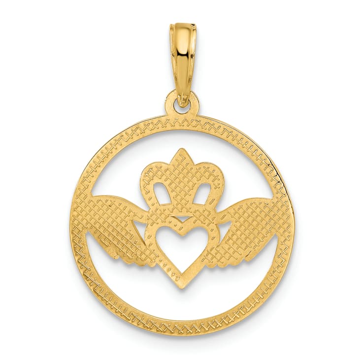 14k Yellow Gold Textured Claddagh Circle Pendant