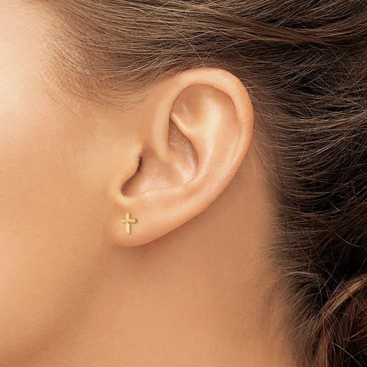 14k Yellow Gold Children's 3D Polished Cross Stud Earrings