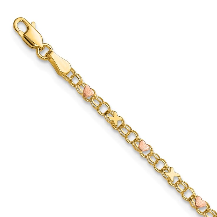 14K Yellow Gold and Rose Rhodium X's and Hearts 5.5-inch Child's Bracelet