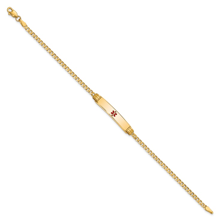 14k Yellow Gold Medical Red Enamel Curb Link ID Bracelet