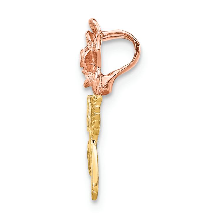 14k Two-tone Gold  Textured Mini Pink Rose Flower Chain Slide Pendant