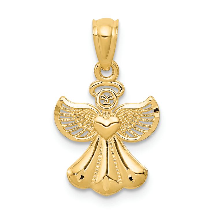 14k Yellow Gold Polished, Diamond-Cut and Textured Angel Pendant