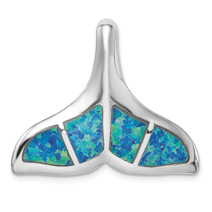 Rhodium Over Sterling Silver Blue Inlay Lab Created Opal Whale Tail
Slide Pendant