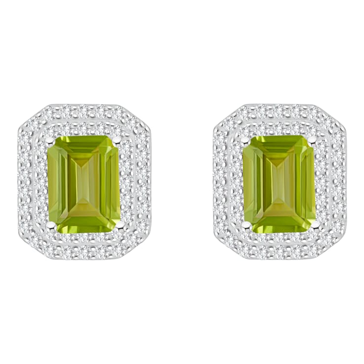 8x6mm Emerald Cut Peridot And White Topaz Accent Rhodium Over Sterling
Silver Double Halo Earrings