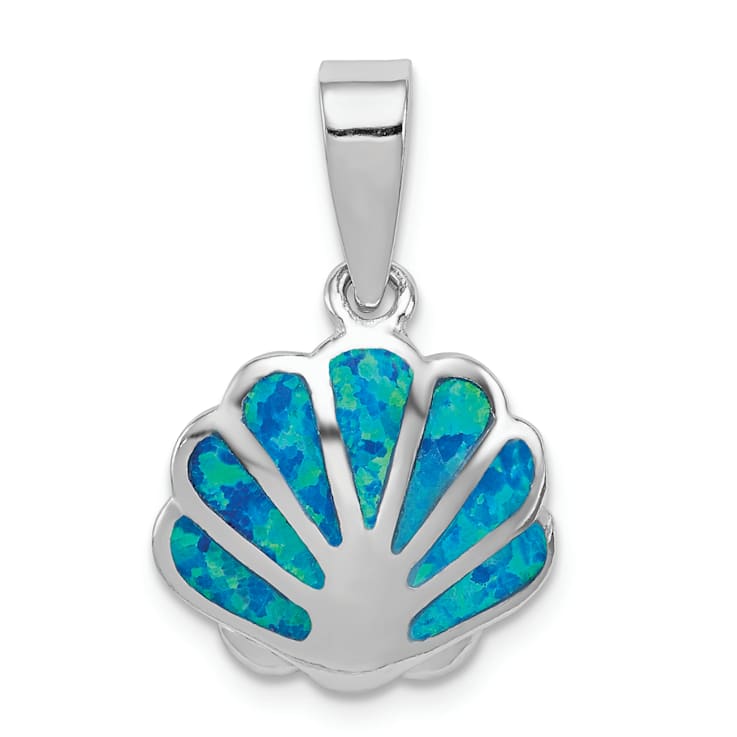 Rhodium Over Sterling Silver Polished Lab Created Blue Opal Oyster Pendant