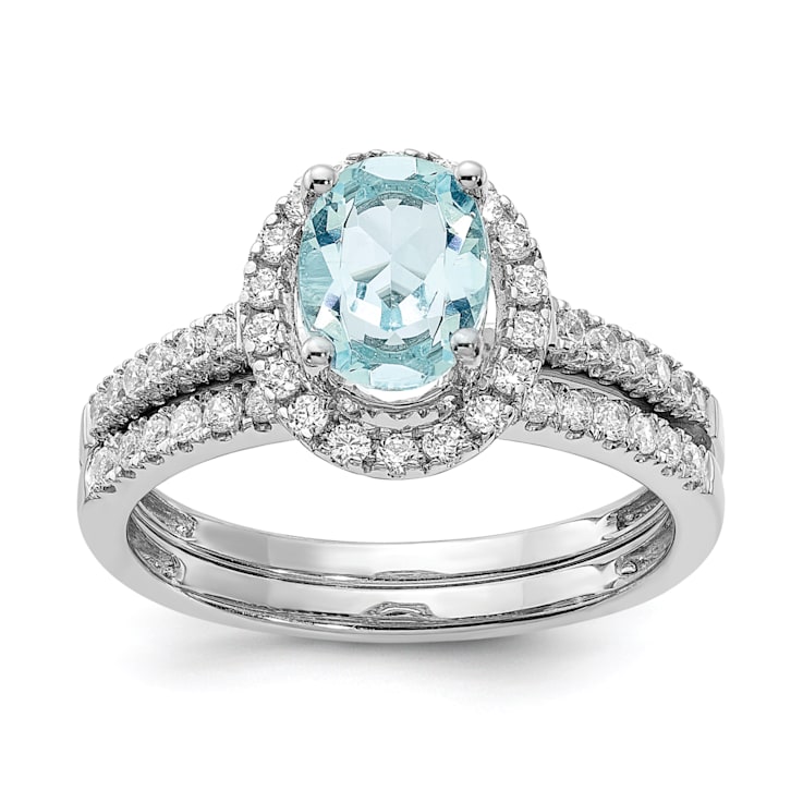 Rhodium Over 14K White Gold Aquamarine Diamond Halo Engagement Ring