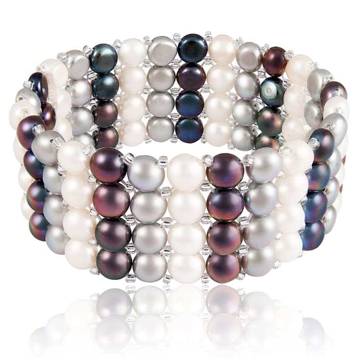 6-7mm Black, Silver, and White Cultured Freshwater Pearl Silver  Bracelet