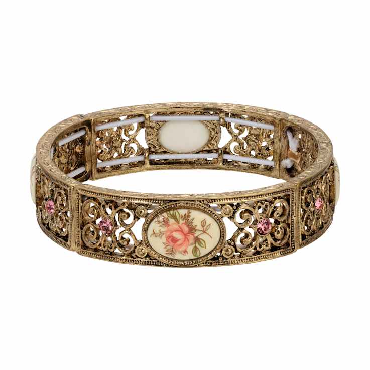 Gold Tone Rose Decal With Ivory Stretch Bracelet