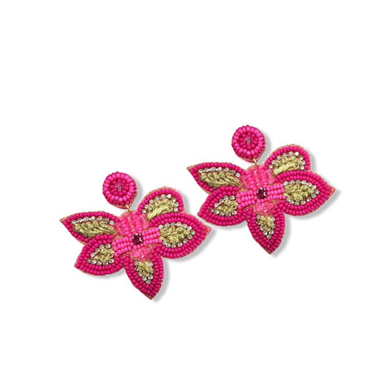 Pink Seed Beads With Clear Crystal Butterfly Earring