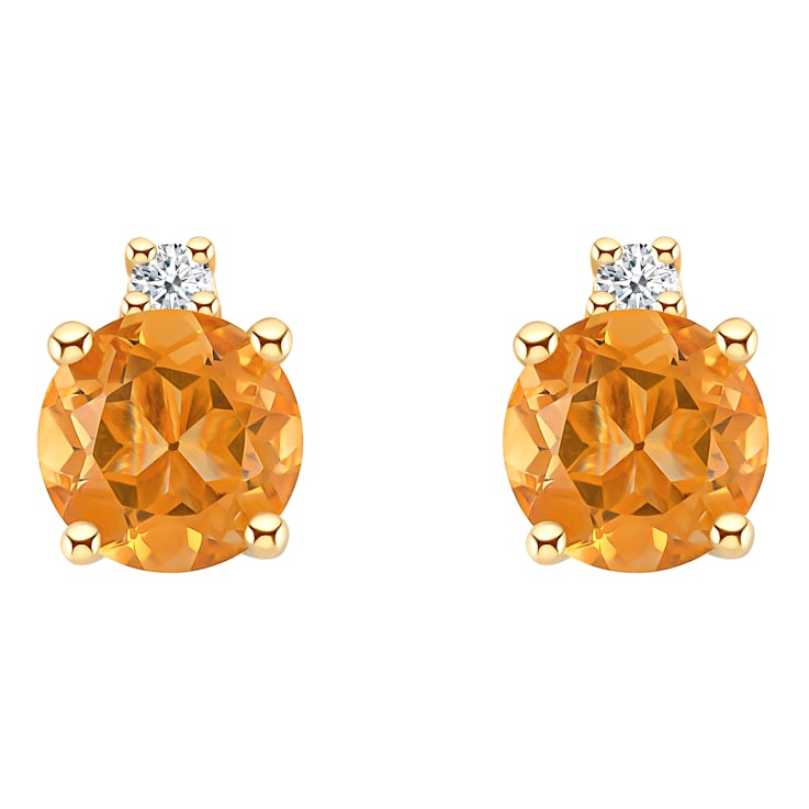 4mm Round Citrine with Diamond Accents 14k Yellow Gold Stud Earrings