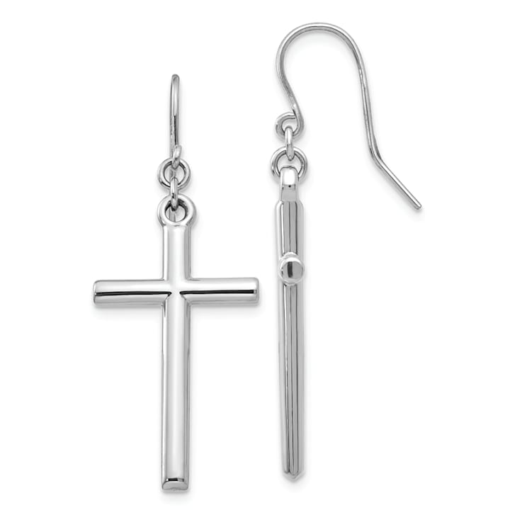 Rhodium Over 14k White Gold Cross Dangle Earrings