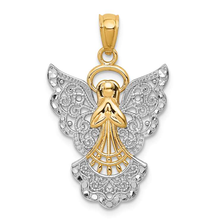 14k Yellow Gold and Rhodium Over 14k Yellow Gold Filigree Angel Pendant