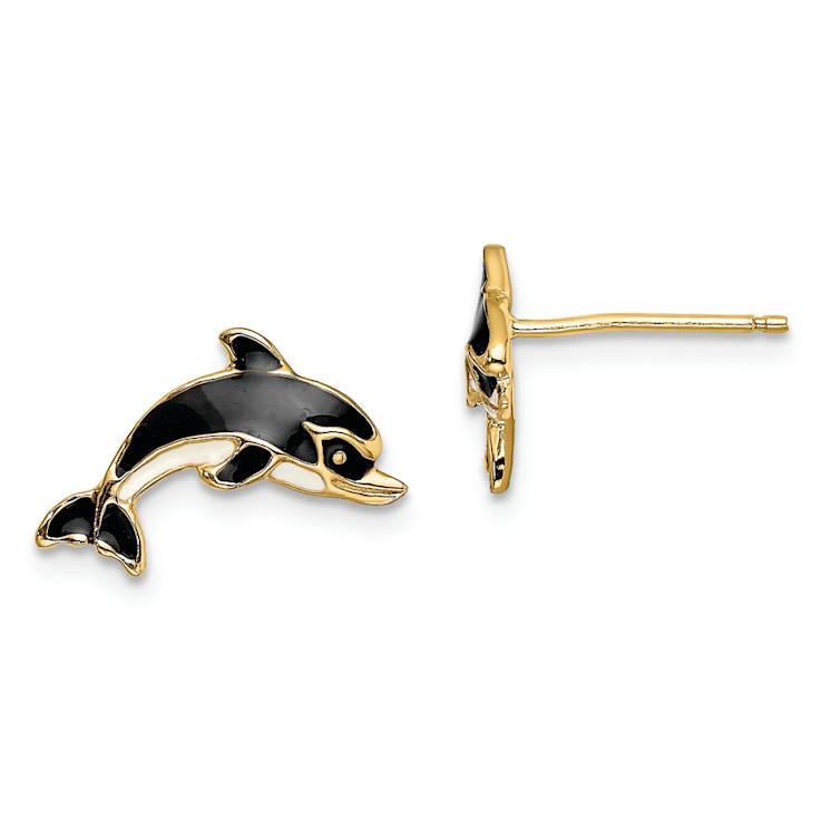 14k Yellow Gold White and Black Enamel Dolphin Stud Earrings
