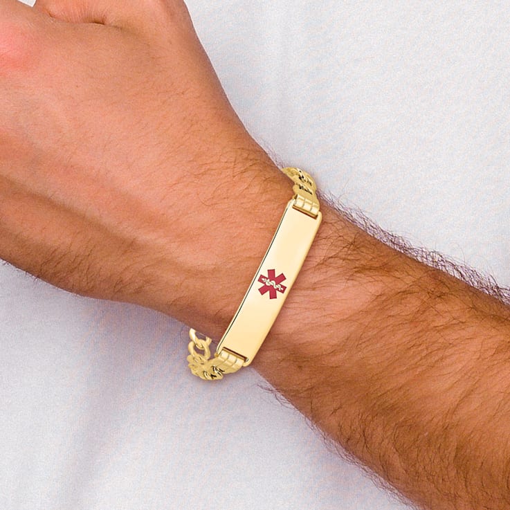 14k Yellow Gold Medical Red Enamel Curb Link ID Bracelet