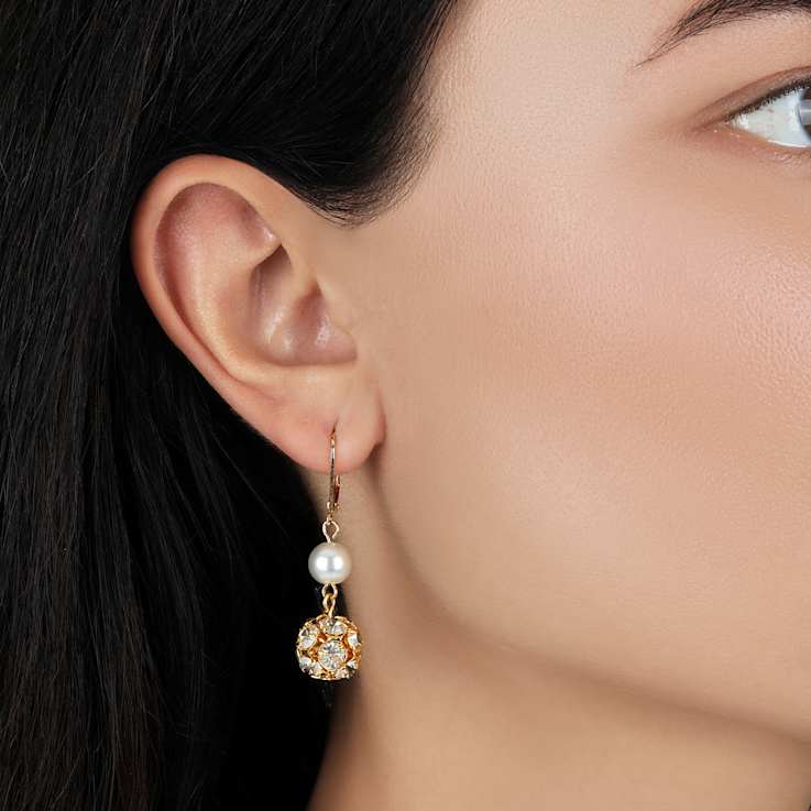 Gold Tone Gold & Faux Pearl Bead Drop Leverback Earrings