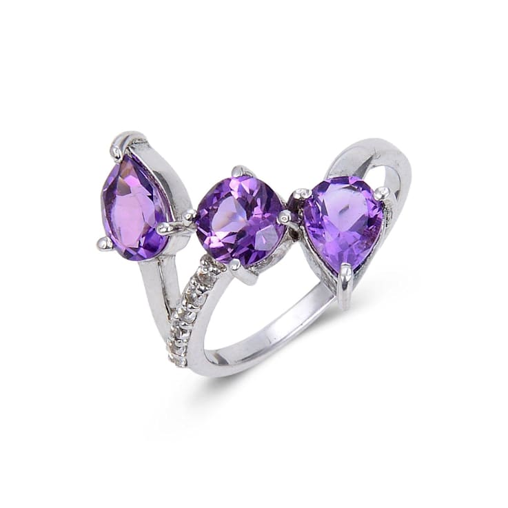 Amethyst and White Topaz Sterling Silver Bypass Ring, 3.78ctw