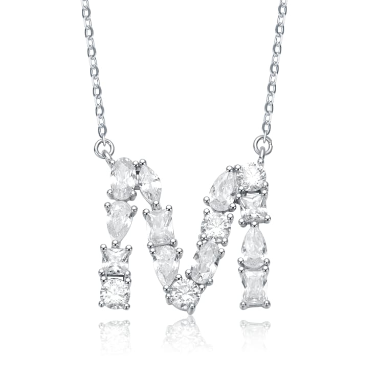 Initial M Mixed Cut CZ Pendant Necklace In Sterling Silver 18 Inch