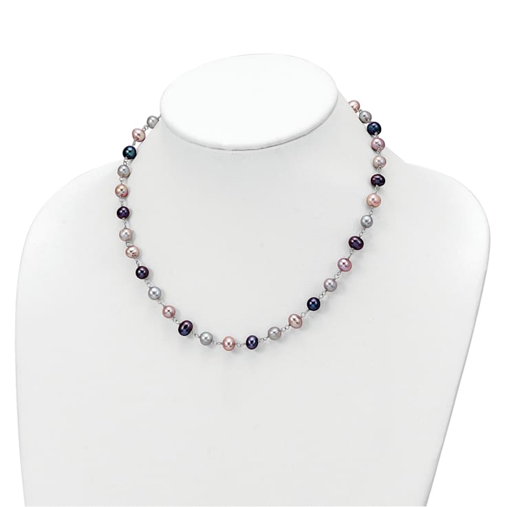 Rhodium Over Sterling Silver Multi-color Freshwater Pearl
Necklace/Bracelet/Earring Set