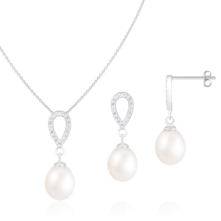 8-9mm Drop White Freshwater Pearl and CZ Rhodium Over Sterling Earring
and Pendant W/Chain Set