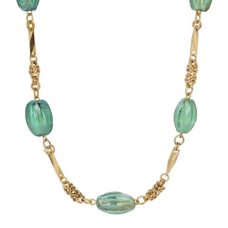 Yellow Base Metal With 14K Gold Dipped Green Glass AB Beads Necklace 16
inch Adj.