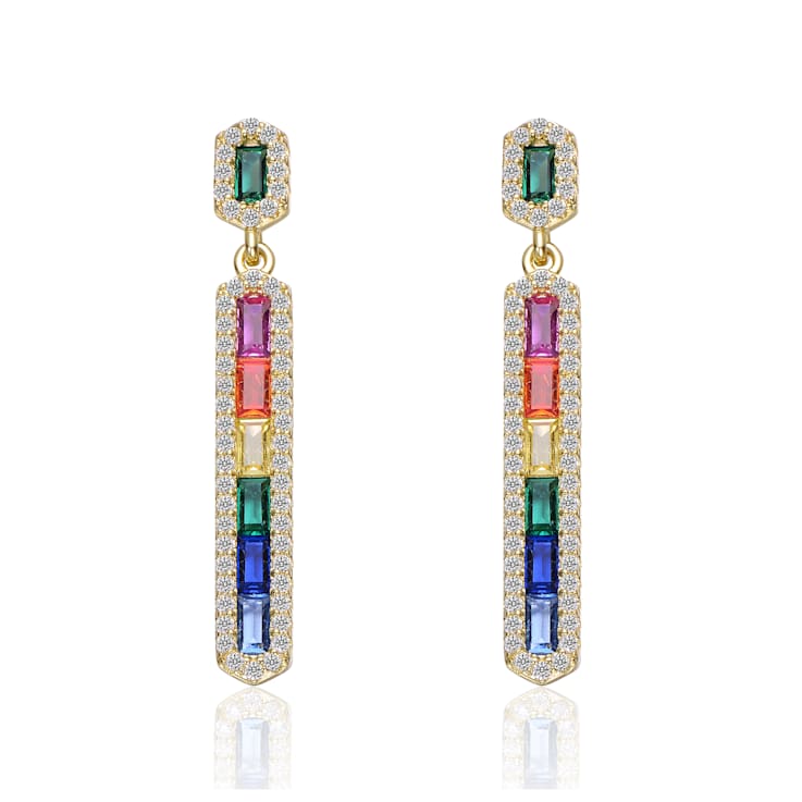 Multi-Color CZ Linear Drop Earrings In 14K Gold Over Sterling Silver