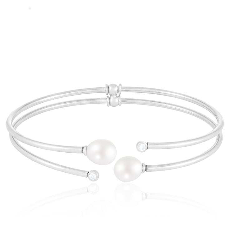 7.5-8mm and 2mm White Cultured Freshwater Pearl Silver  Bracelet