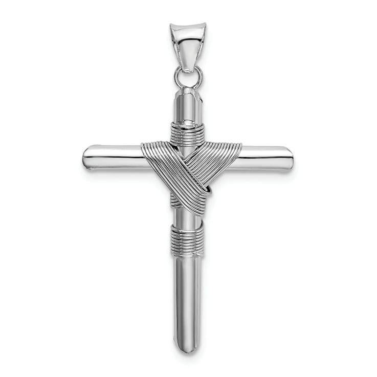 Rhodium Over 14k White Gold with Center Wrap Tube Cross Pendant