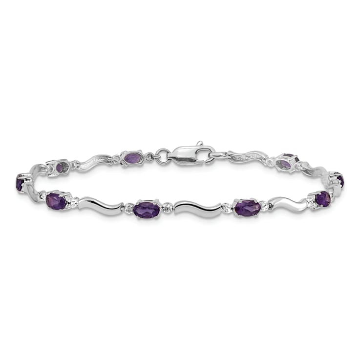 Rhodium Over 14k White Gold Diamond and Amethyst Bracelet