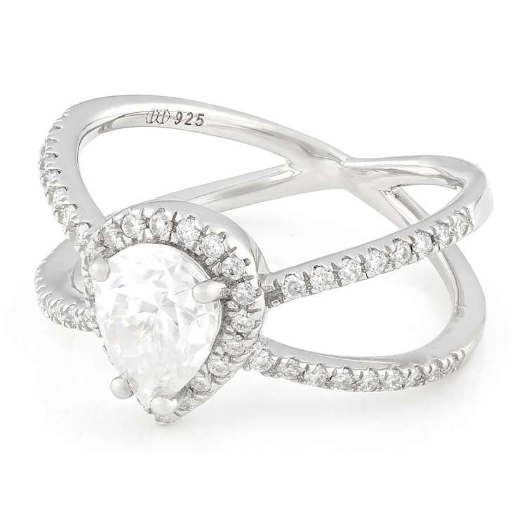 Pear And Round Moissanite Open Design Ring In White Metal
