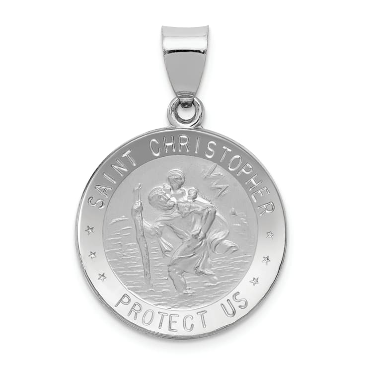 Rhodium Over 14K White Gold Polished/Satin St Christopher Medal Hollow Pendant