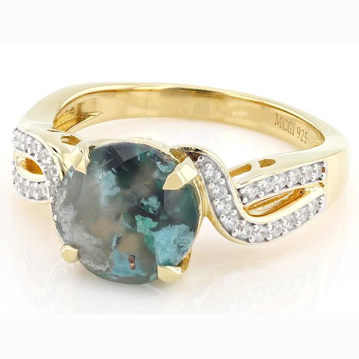 Blue Chalcedony Round And White Zircon Ring In 18K Gold Over Sterling
Silver 2.63ctw