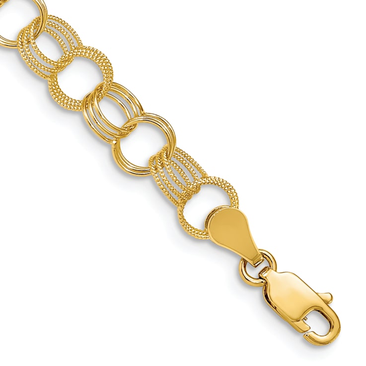 14k Yellow Gold 8mm Textured Solid Triple Link Charm Bracelet
