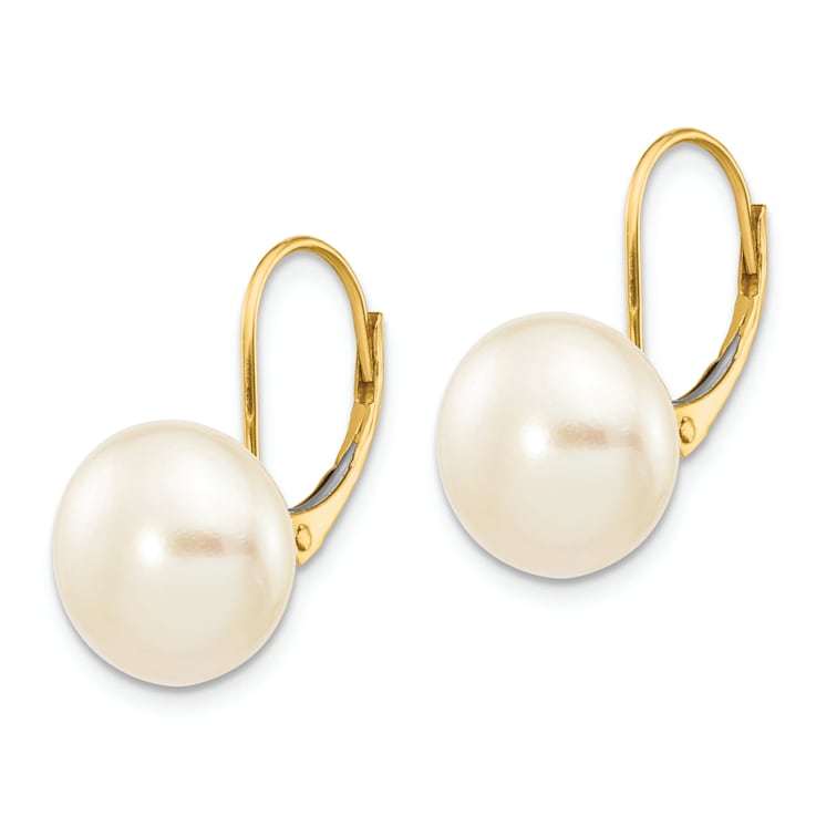 14K Yellow Gold 10-11mm White Button Freshwater Cultured Pearl Leverback Earrings