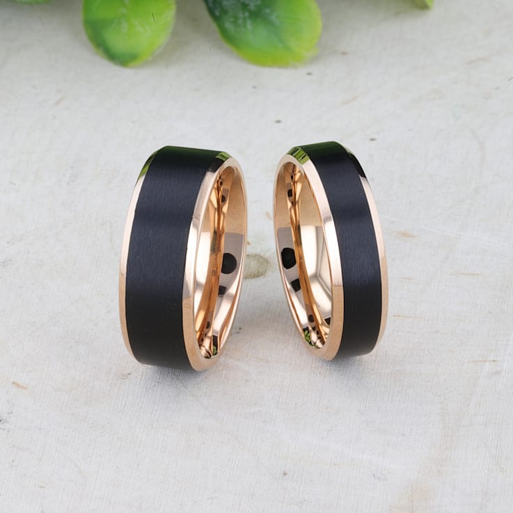 STEPHEN Rose Gold Plated Black Titanium Flat Brushed Wedding Ring With
Beveled Polished Edges 8mm